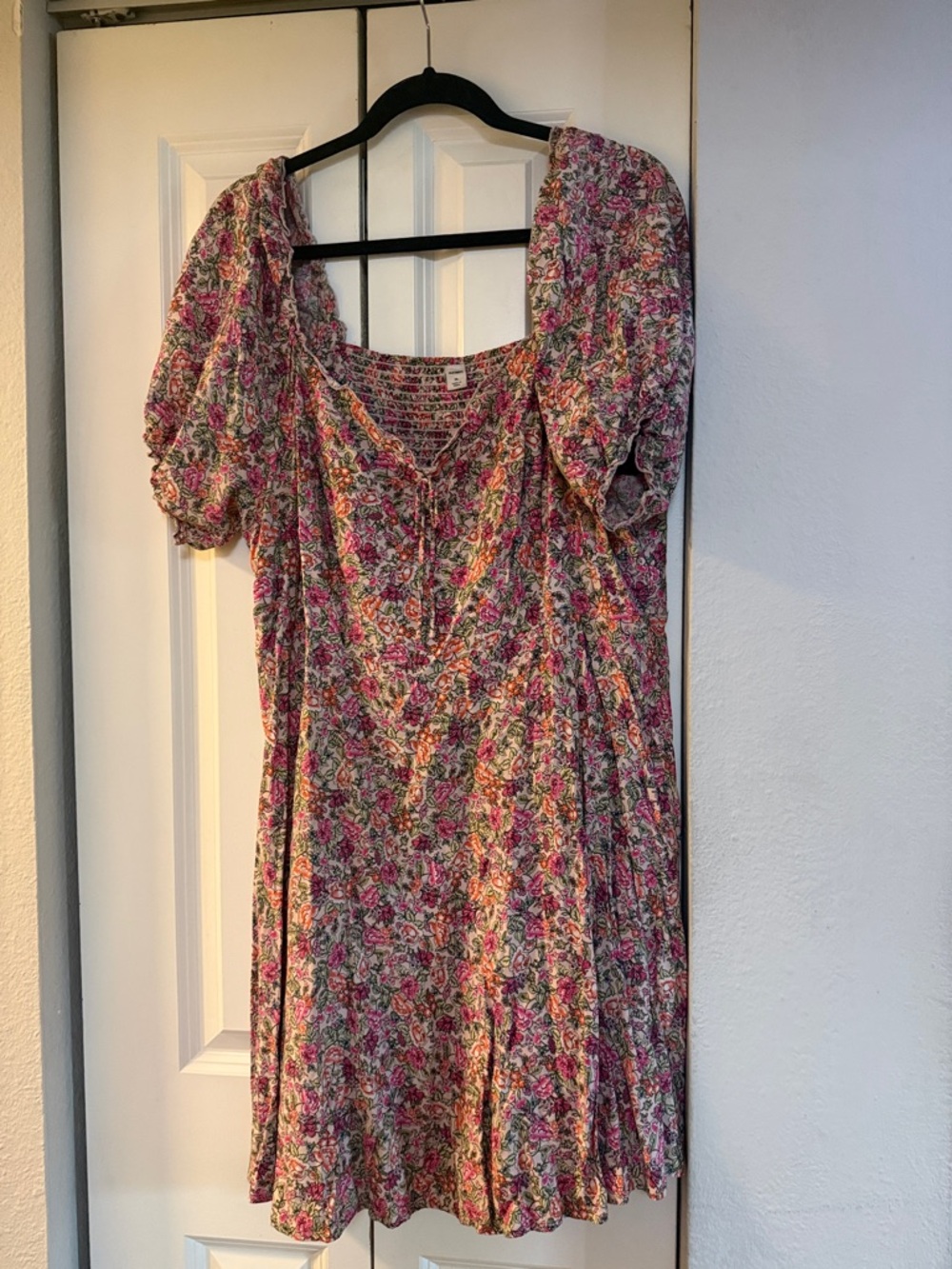 Old Navy Pink Floral Smocked Top with Olive & Coral Accents